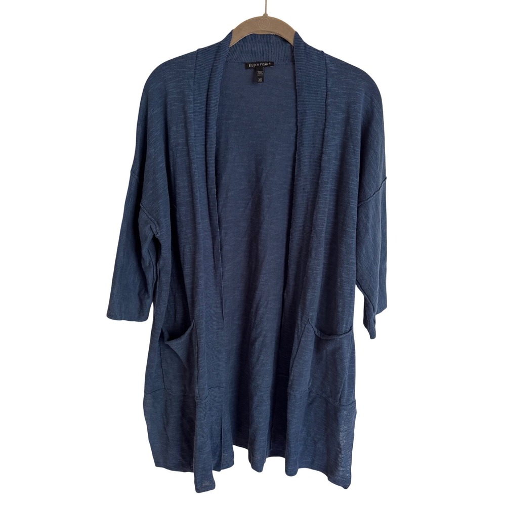 Eileen Fisher Navy Open-Front Pocket Cardigan Sweater